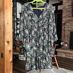 Betsy Johnson bell sleeve dress, size 2, color navy blue, green, brown paisley
